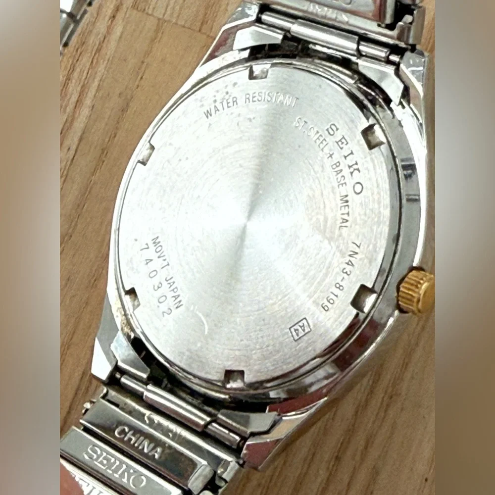 Seiko Gray Dial Watch Two-Tone Stretch Bracelet Case Day Date Window New Battery